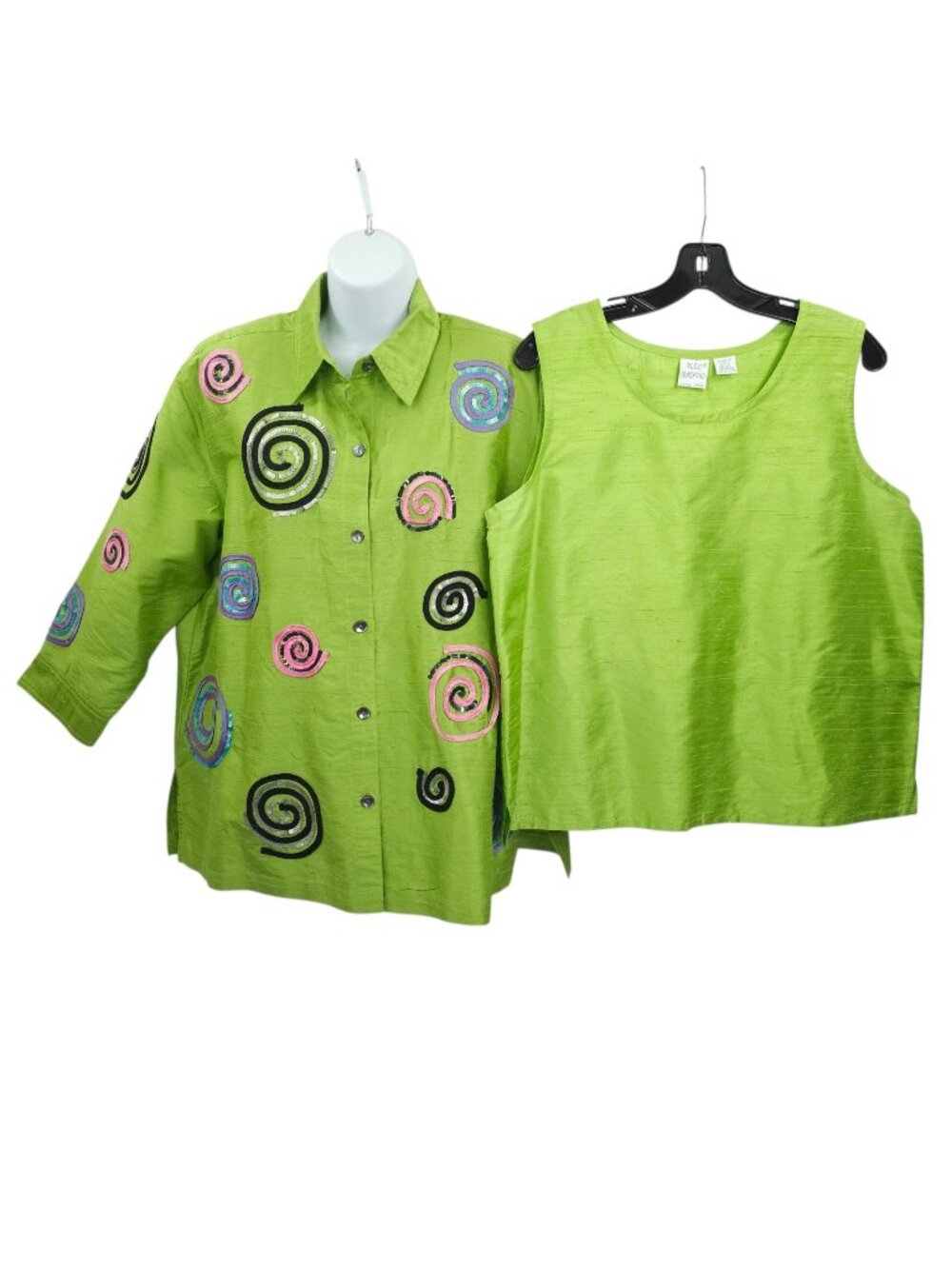 Bleu Bayou Jacket Tank 2pc Set L Lime Green Silk Sequin Swirls 90s Spiral Art